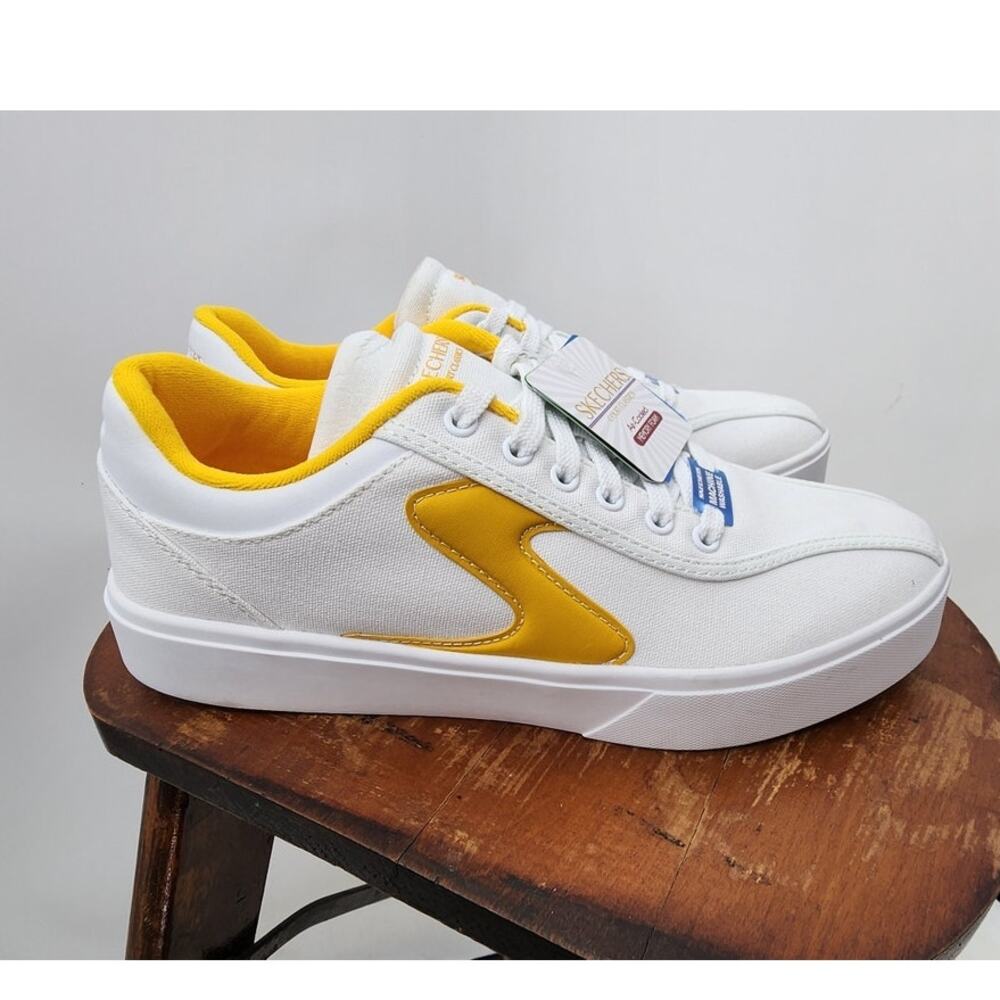 New NWT Skechers Court Classics Memory Foam Sneakers Canvas White Yellow Size 9